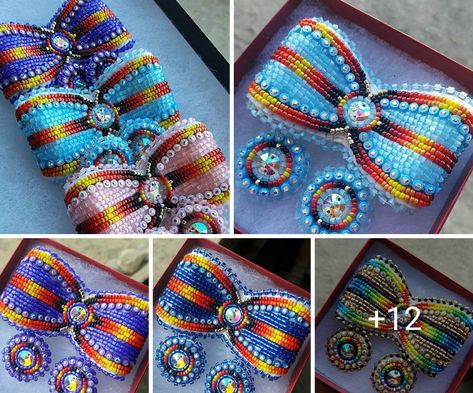 Beaded Hair Bows Native American, Beaded Bows Native American, Powwow Beadwork, Seed Bead Art, Beaded Hair Clips, Beautiful Beaded Earring, Bead Hair Accessories, Native Beading Patterns, Beadwork Embroidery