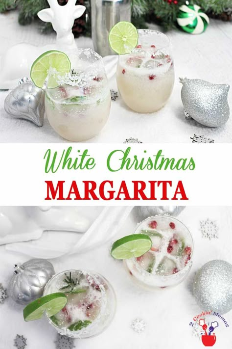 White Christmas Margarita | 2 Cookin Mamas The holidays never tasted so good! Our White Christmas Margarita has all the flavors of a standard margarita with the addition of white cranberry juice and coconut. Make it for 2 or a crowd and put a little bit of tropical in your winter cocktail. #cocktail #Christmascocktail #recipe #margarita Winter Margarita Recipe Holiday Drinks, Christmas Margaritas For A Crowd, White Christmas Margarita, Christmas Margarita, Christmas Cocktails Easy, White Salad, White Cranberry Juice, Winter Cocktail, Christmas Cocktail