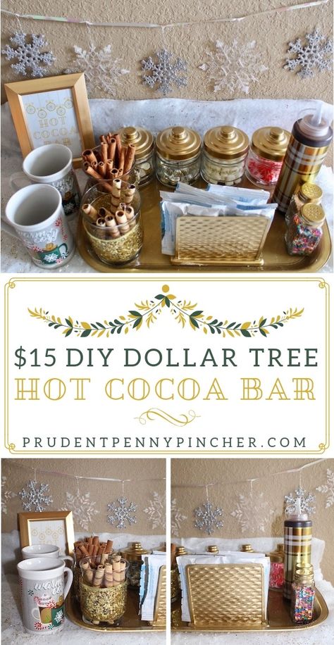 $15 DIY Dollar Tree Hot Chocolate Bar #Christmas #DIY Christmas Hot Chocolate Bar Decorations, Cheap Hot Cocoa Bar, Dollar Tree Hot Cocoa Bar, Christmas Party Hot Chocolate Bar, Party Hot Chocolate Bar, Hot Chocolate Bar Christmas, Hit Cocoa Bar Ideas, Hot Chocolate Bar Party, Christmas Hot Chocolate Bar