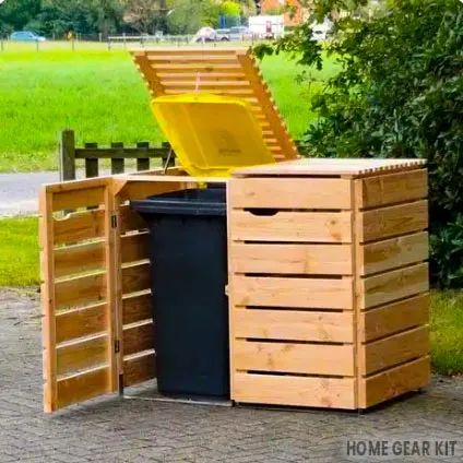 Outdoor Garbage Storage, Garbage Can Shed, Storage Shed Ideas, Trash Can Storage Outdoor, Small Storage Shed, Hide Trash Cans, Garbage Can Storage, Garbage Shed, Storage Shed Organization