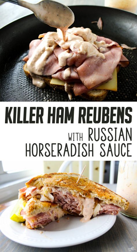 A Killer Ham Reuben Sandwich recipe. Layers of deli-sliced black forest ham on New York rye. With Muenster cheese, sauerkraut and Russian Horseradish Sauce. Money. Reuben Sandwich Recipe, Roast Beef Sandwich, Black Forest Ham, Sandwhich Recipes, Best Sandwich Recipes, Muenster Cheese, Grilled Ham, Reuben Sandwich, Deli Sandwiches