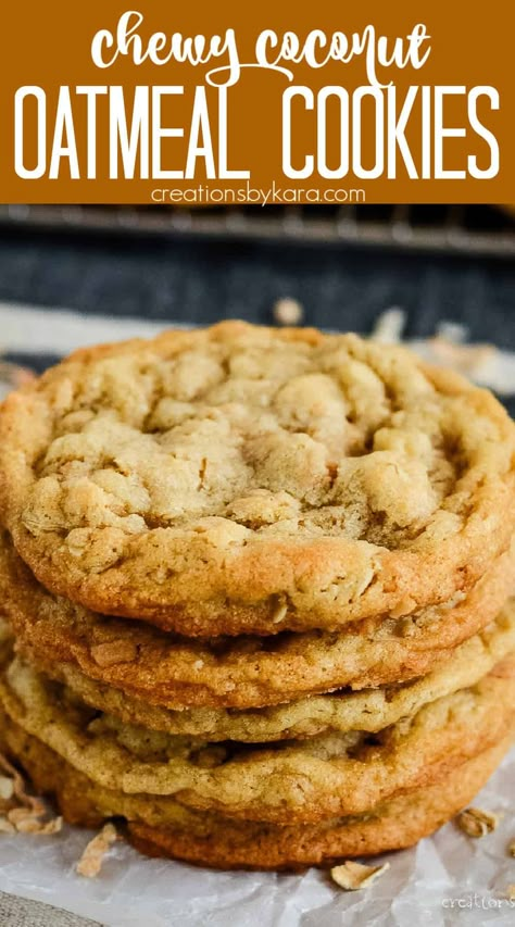 These chewy OATMEAL COCONUT COOKIES are simple, but simply addicting! Toasted coconut and coconut extract give them the best flavor. #coconutoatmealcookies #chewyoatmealcookies @Creations by Kara Toasted Coconut Cookies, Unsweetened Coconut Recipes, Coconut Cookie Recipe, Coconut Oatmeal Cookies, Cookies With Coconut, Coconut Cookie, Oatmeal Coconut Cookies, Coconut Cookies Recipes, Baking With Coconut Oil