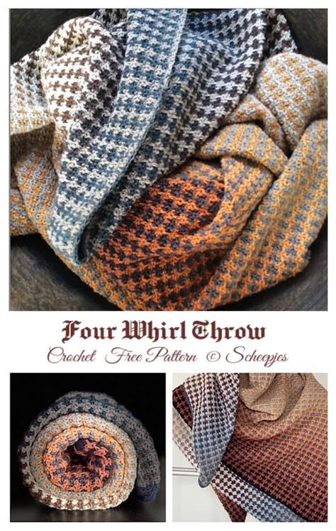 Four Whirl Throw Blanket Crochet Free Pattern - Crochet & Knitting Crochet Afghan Color Schemes, Mosaic Crochet Stitch, Single Crochet Blanket Pattern Free, Crochet Tunisian Blanket, Tunisian Blanket Pattern Free, Verigated Crochet Blanket, Plaid Crochet Blanket Pattern Free, Verigated Yarn Patterns, Crochet Plaid Blanket Pattern Free