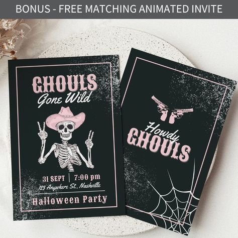 💀 Ghouls gone wild Halloween party invitation templates have dropped 🩷👻 Howdy ghouls, this is the perfect way to celebrate your next ghouls night out Halloween party! This candy pink and black Halloween digital invitation template set is a cowgirls Halloween dream. This wild western theme template is fully editable so you can change the text, font, background, images etc. to suit your event information and theme. ✔️ The perfect way to celebrate halloween in the country, or with a western t... Halloween Girls Night Invitations, Pink And Black Halloween, Cowgirl Invitations, Halloween Template, Ghouls Night, Halloween Party Invite, Halloween Invite, Country Halloween, Themed Halloween Costumes