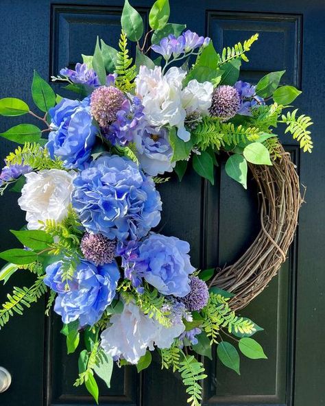 Blue Flower Wreath, Peony Wreath, Wreaths For Sale, Whimsical Wreaths, Summer Door Wreaths, Christmas In July Sale, Peonies Wreath, Hydrangea Wreath, Silk Flower Arrangements