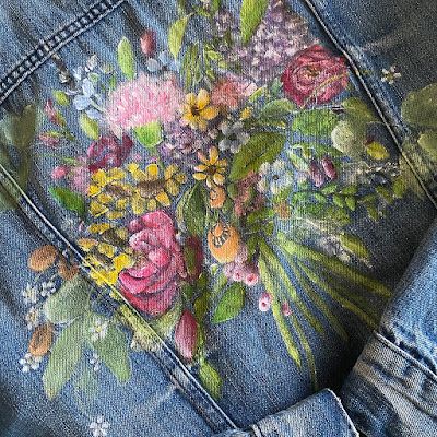 StencilGirl® Talk: Creating a Handpainted Denim Jacket with StencilGirl® Stencils How To Paint A Jean Jacket, Painted Overalls Diy, Denim Jacket Decorating Ideas, Embellished Denim Jacket Diy, Diy Denim Jacket Paint Ideas, Hand Painted Denim Jacket Art, Jean Jacket Diy Upcycling, Paint On Denim, Painting Denim