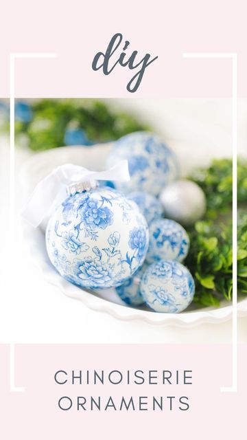 Steph | Diary of a Debutante on Instagram: "💙 DIY CHINOISERIE ORNAMENTS 💙 You guys loved my chinoiserie pumpkins, so I thought I’d put those same decoupage skills to use and make a handful of chinoiserie ornaments, too! These DIY ornaments are seriously so easy to make, even if you aren’t particularly crafty, and they make an amazing addition to blue and white Christmas decor! Here’s everything you need to make them—⁠ ⁠ -Round white ornaments of any size (if yours aren’t white, swirl some whit Blue White Chinoiserie Christmas, Diy Blue And White Christmas Ornaments, Chinoiserie Ornaments Diy, Blue White Chinoiserie Christmas Tree, Diy Chinoiserie Ornaments, Diy Chinoiserie, Chinoiserie Ornaments, Chrismas Crafts, Chinoiserie Pumpkins