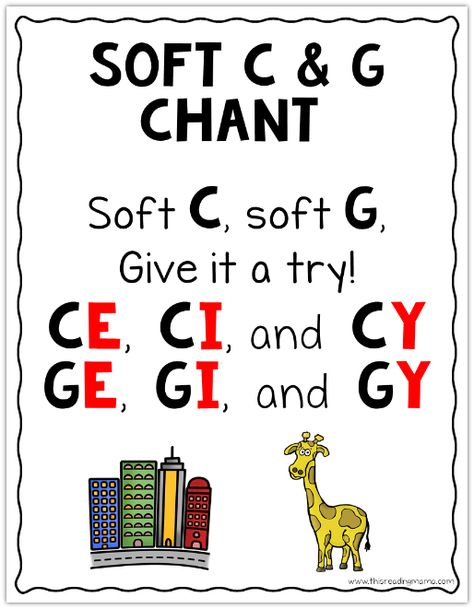 Soft C and G Chant - This Reading Mama Soft G And C Anchor Chart, Soft C And G Activities, Soft C And G Anchor Chart, Soft C And G, Free Phonics Activities, Homeschool Phonics, Reading Exercises, Fun Phonics Activities, Phonics Chart