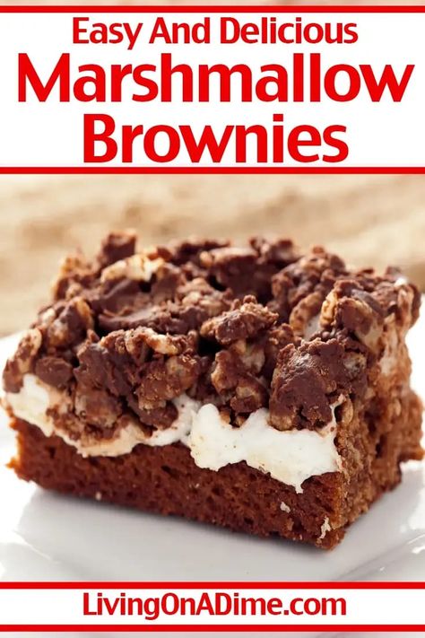 This easy Marshmallow Brownies Recipe is a super simple brownie recipe your family is sure to love! It makes deliciously decadent brownies packed with chocolate, peanut butter, marshmallows and more! They're perfect for get-togethers and potlucks! Simple Brownie Recipe, Inexpensive Desserts, Decadent Brownies, Living On A Dime, Easy Fruit Dip, Marshmallow Brownies, Gluten Free Brownies Recipe, Chocolate Recipes Easy, Peanut Butter Marshmallow