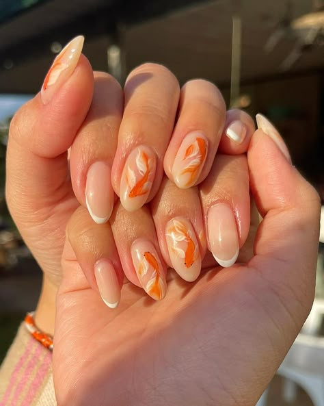 Minimal Orange Nails, Coy Fish Nail Art, Tropical Inspired Nails, Nails With Fish Design, Goldfish Nail Art, Koi Fish Nails Acrylic, Fish Nail Art Designs, Koi Fish Nail Design, Fish Acrylic Nails