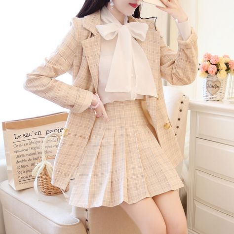 Petit Lace Set: Tie-Neck Chiffon Blouse + Plaid Blazer + Pleated Skirt / Plaid Blazer + Skirt / Chiffon Blouse | YesStyle Plaid Pleated Mini Skirt, Academia Outfits, Skirts White, Bow Shirt, Skirt Suits, Trim Jacket, Kawaii Fashion Outfits, Cute Preppy Outfits, Elegant Skirt