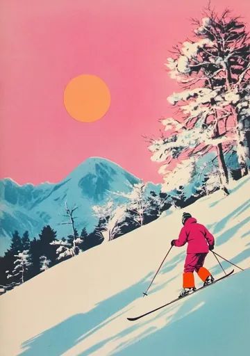 ↑↑↑ Larger size on website 🔸 A lone skier descends a snowy slope under a bright orange sun in a pink sky. The skier wears a pink Pink Ski Aesthetic, Mitten Art, Vintage Skiing Aesthetic, Ski Painting, Xmas Prints, Ski Drawing, Ski Ideas, Ski Signs, Ski Graphic