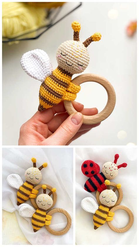 Crochet Bee Amigurumi Free PDF Pattern Teething Ring Pattern, Nicu Crafts, Teether Pattern, Amigurumi Bee, Crochet Baby Mobiles, Hats Crochet, Crochet Nursery, Bee Free, Crochet Bee