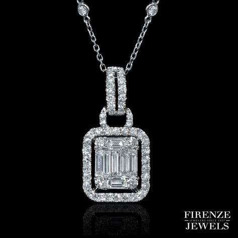 Beautiful design and brilliant white diamonds come together for a stunning pendant.  This 18k white gold pendant necklace has 1.63 cts of baguette and round brilliant cut white diamonds. Available @ http://bit.ly/Firenze8303  #FirenzeJewels #DiamondNecklace #PendantNecklace Luxury Baguette Cut Necklace With Prong Setting, Elegant Pendant Jewelry With Baguette Diamonds, Luxury Necklace With Baguette Diamond Pendant, Luxury Baguette Diamond Pendant Jewelry, Baguette Diamond Round Pendant Jewelry Gift, Diamond Wedding Bands Stackable, Crescent Moon Necklace Silver, Custom Diamond Rings, Diamond Pendent