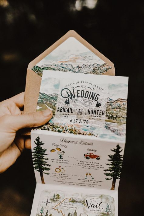 Cool Wedding Save The Date, Outdoorsy Style Wedding, Colorado Wedding Invitations, Outdoorsy Wedding Theme, Vintage Mountain Wedding, Wedding Invitations Outdoor, Retro Mountain Wedding, Spring Mountain Wedding Ideas, Mountain Outdoor Wedding