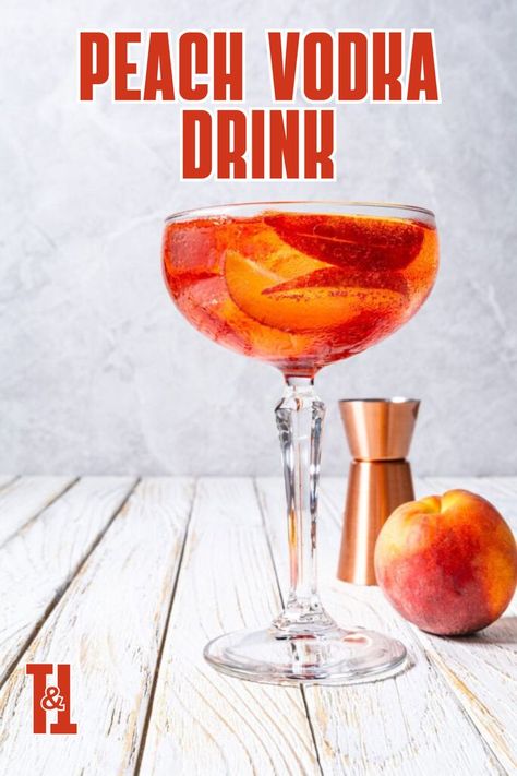 This sparkling Peach Vodka Drink is made with fresh fruit, peach vodka, and soda water for a delightful cocktail, perfect for any occasion. Peach Vodka Cocktails, Peach Vodka Drinks, Peach Vodka, Soda Water, Vodka Drinks, Vodka Cocktails, Refreshing Cocktails, Cocktail Glass, Fresh Fruit