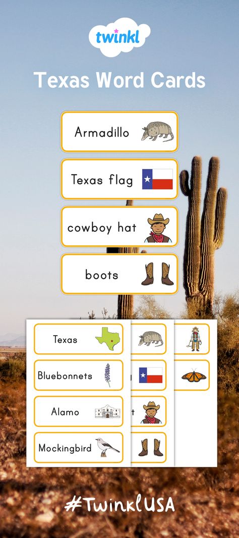 Use these Texas Word Cards to teach children the key vocabulary for Texas Independence Day and Texas state history. The Texas Word Cards can be used for spelling, vocabulary, or handwriting practice. The word cards can be included in learning centers in your social studies, reading, or writing lessons for your early childhood students in grades PreK, kindergarten, or first grade. Texas Symbols Kindergarten, Texas Symbols, Texas Independence Day, Texas Theme, Texas Weather, Writing Station, Kindergarten Lesson Plans, Kindergarten Lessons, Writing Lessons