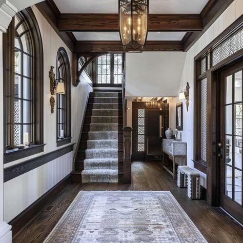 Exploring the Charm of Tudor-Style Homes Small Tudor Style Homes, French Tudor Style Homes, Tudor Revival Interior, Tutor Style Homes, Exterior Black Windows, Tudor Decor, Stone Porch, Porch With Fireplace, Townhouse Decor