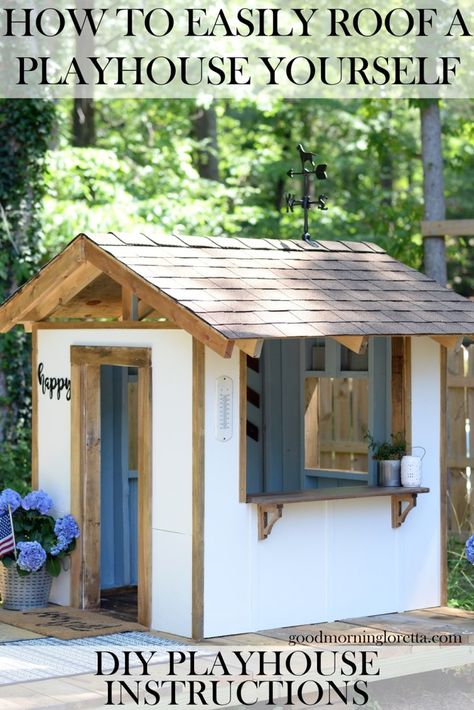 Check out the entire how-to for building this farmhouse gardenshed inspired playhouse and learn how you can easily roof your own playhouse or shed yourself. #roofeditmyself #ad Also, the dog weathervane. Adorable! Perfect summer backyard project! (Would also make a great she-shed) Playhouse Roof, Modern Roofing, Diy Playhouse, Build A Playhouse, Wooden Playhouse, Roofing Diy, Roof Architecture, Metal Roofing, Patio Roof