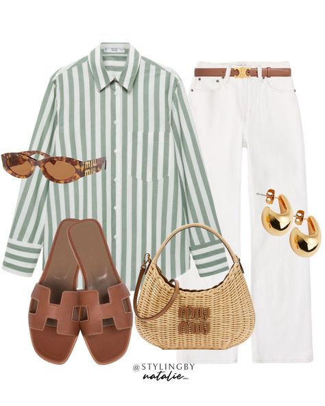 Natalie ┃Stylist┃ Daily Outfit Inspo | Green stripe shirt💚 3 Ways to wear 👉🏼 Which do you prefer? 1,2 or 3? Comment “LINKS” to shop the outfits in your DMs 💌 Alternatively you… | Instagram Green Striped Shirt Outfit, Brunch Outfit Casual, Outfit Inspo Green, White Striped Shirt Outfit, Striped Shirt Outfit, Outfits With Striped Shirts, Chunky Gold Earrings, Miu Miu Eyewear, Hermes Sandals