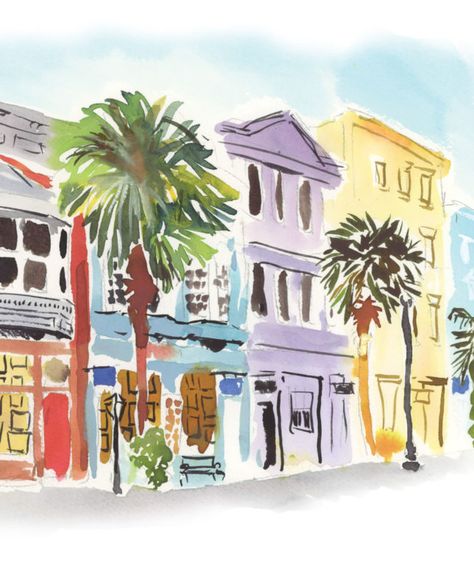 Charleston Sc Watercolor, Low Country Art, Summer Posters, Rainbow Row Charleston, Julie King, South Carolina Art, Charleston House, Charleston Hotels, Charleston Art