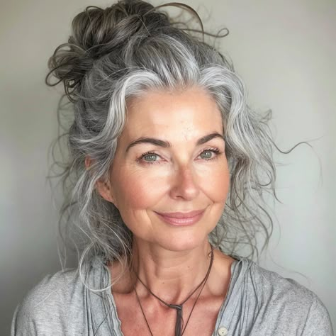 magnific qFORTAoB758X7GgZ2YLP Gray Hair in a Messy Bun with Tendrils Messy Bun Over 50, Gray Hair Updos Over 50, Long Gray Hair Updos, Silver Hair Updo, Medium Length Gray Hair Over 50, Makeup For Gray Hair, Curly Gray Hair, Women With Long Grey Hair, Gray Hair Styles