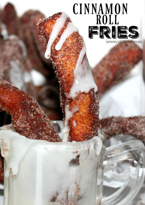 ~CINNAMON ROLL FRIES! | Oh Bite It Fried Cinnamon Roll Bites, Dessert Fries, Deep Fried Desserts, Sweet Fries, Deep Fried Recipes, Fried Dessert, Funnel Cake, Fair Food Recipes, Fried Food