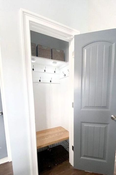 Small Closet Makeovers, Pantry Closet Makeover, Entryway Closet Makeover, Wire Pantry Shelves, Coat Closet Makeover, Coat Closet Ideas, Closet Makeovers, Small Coat Closet, Front Closet