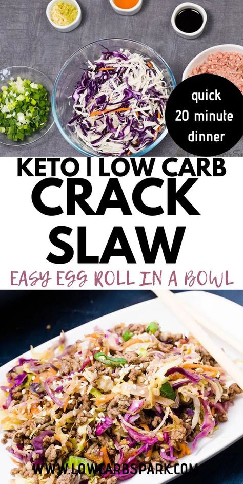 20 Minute Easy Crack Slaw Recipe - Keto & Whole30 Shredded Cabbage Recipes, Easy Egg Roll, Keto Egg Roll, Carb Sides, Keto Pork, Ground Beef And Cabbage, Ground Pork Recipes, Keto Sides, Egg Roll In A Bowl