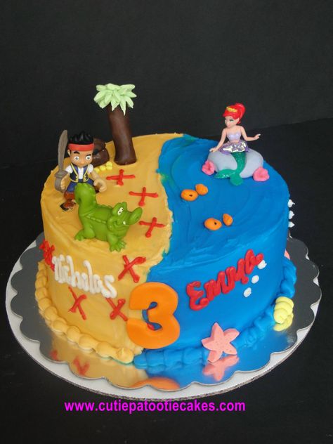 Pirates and Mermaids!  A perfect cake for twins! Mermaid Pirate Birthday Cake, Pirate And Mermaid Birthday Party Cake, Mermaid And Pirate Cake, Pirate And Mermaid Cake, Mermaid Pirate Cake, Mermaids Cake, Pirates And Mermaids, Pirate Cakes, Pirate Birthday Cake