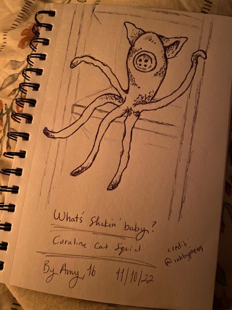 Coraline Cat Squid Drawing Drawing Ideas Easy Characters, Coraline Drawing Sketch, Drawing Coraline, Coraline Mouse, Coraline Drawings, Coraline Doodles, Coraline Shirt, Drawing Mouse, Squid Drawing