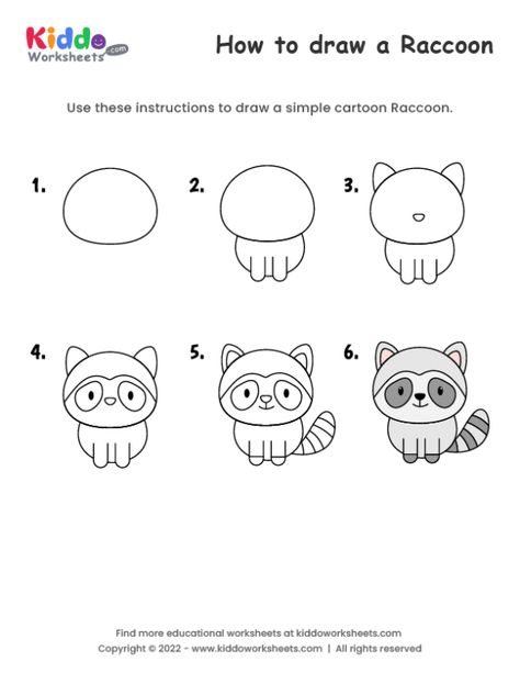 Raccoon Easy Drawing, Raccoon Drawing Simple, Draw Raccoon, Cartoon Raccoon, Drawing Worksheet, Raccoon Drawing, Dotted Drawings, Rabbit Drawing, Free Printable Flash Cards