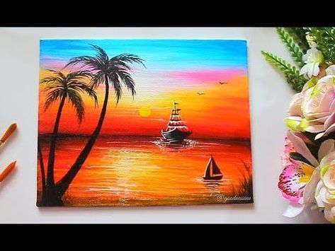 Acrylic Painting Images, The Volturi, Painting Tutorial Step By Step, Sunset Painting Acrylic, Easy Landscape Paintings, Landscape Painting Tutorial, Sunrise Painting, Sunrise Landscape, Silhouette Painting