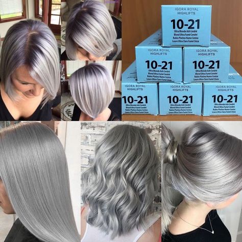 Olaplex, Fanola, BlondMe, Igora, Prokpil on Instagram: "Como se ve uno de sus tonos favoritos en el cabello y en varios estilos 😍👏🏼 10-21 Rubio Platino Humo Ceniza es exclusivo de la carta IGORA ROYAL 👑 ¿Lo usarías? 💖 Conoce sus beneficios: ✨ Pertenecen a la prestigiosa marca Schwarzkopf ✨ Tintes con una compensación de color perfecta ✨ Duración del tono prolongado ✨ Protección de la contaminación y UV diaria ✨ Cobertura de canas total de forma efectiva ✨ Tinte PERMANENTE ⠀⠀⠀⠀⠀⠀⠀⠀⠀ Deja un Blond Ash, Grey Hair Braids, Hair Color Names, Hair Color Placement, Balayage Hair Ash, Grey Blonde Hair, Redken Hair Color, Grey Hair Transformation, Pink Blonde Hair