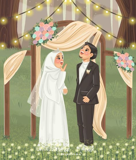 Muslim Couple Illustration Wedding, Wedding Illustration Card, Couple Illustration Wedding, Simple Wedding Cards, Custom Portrait Illustration, Floral Cards Design, Wedding Painting, Anime Muslim, Hijab Cartoon