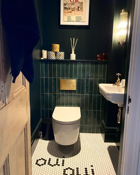 Tiled Downstairs Toilet, Tiled Toilet Wall, Tiny Guest Toilet Ideas, Small Wc Ideas Downstairs Loo Wallpaper, Victorian Downstairs Toilet Ideas, Downstairs Toilet Tiling Ideas, Cloakroom Toilet Ideas Tiles, Moody Downstairs Toilet, Cloakroom Splashback Ideas