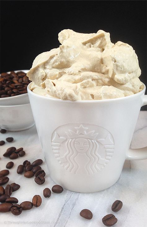 Starbucks Coffee Whipped Cream flavored w/Starbucks coffee! Extra panache for desserts, hot chocolate & iced coffee! Excellent on chocolate desserts! Starbucks Whipped Cream Recipe, Coffee Whipped Cream Recipe, Coconut Coffee Creamer, Starbucks Whipped Cream, Chocolate Iced Coffee, Coffee Whipped Cream, Whipped Cream Recipe, Flavored Coffee Creamer, Frosting Recipes Easy