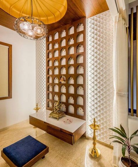 Experience the perfect blend of modern aesthetics and sacred traditions with our newly designed Pooja Room interiors . Get in touch with our experts now! Call: 9989621171 Visit: https://mohhinteriors.com/ . #mohhinteriors #poojaroom #poojaroomdesign #mandir #moderninterior #mandirdesign #ganeshji #interiorstyling #poojadecor #poojaroomdesign #poojaroomdecor #poojaroomlight #mohh #interiors #homedecor Indian Home Temple Puja Room, Pooja Room Interior Design Indian, Bedroom Mandir Design, Luxurious Mandir Design For Home, Puja Room Design Indian Traditional, Pooja Room Interior Design, Mandir Design Puja Room, Pooja Room Ideas Indian Modern, Puja Room Design Indian