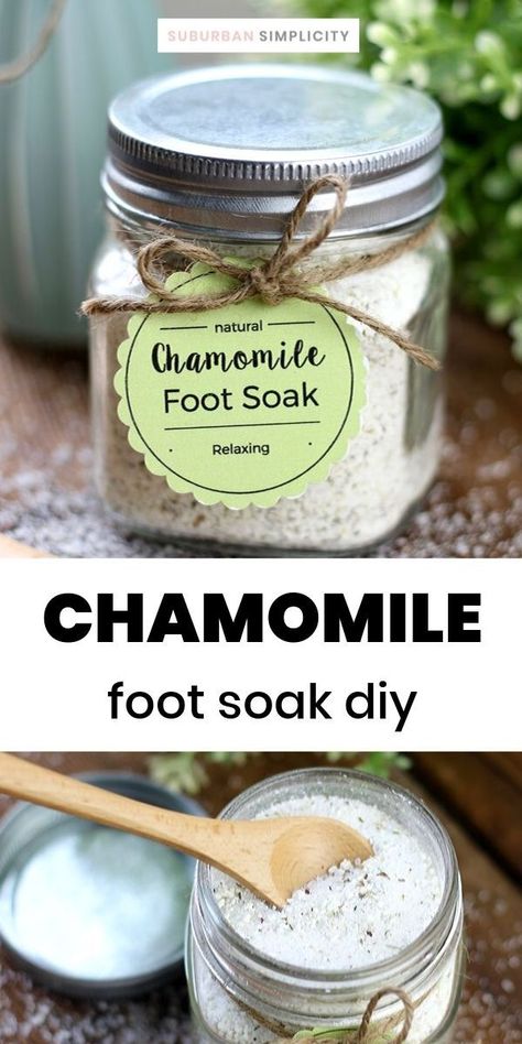 Chamomile foot soak is a wonderful DIY to pamper and soothe your feet and callouses. This homemade stress reliever is super easy and inexpensive to make and is also a perfect homemade gift idea. Free Printable Tags Available! #suburbansimplicity #diy #footsoak #chamomile #beauty #feet Diy Foot Soak, Foot Soak Recipe, Homemade Gift Idea, Teen Crafts, Sugar Scrub Recipe, Homemade Bath, Free Printable Tags, Homemade Lotion, Business Board