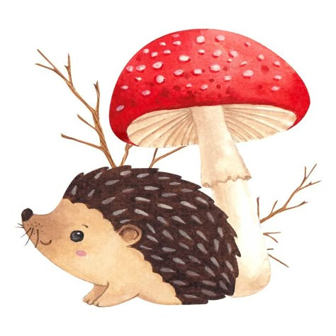 Drawing Tutorials Step By Step, Hedgehog Drawing, Hedgehog Illustration, Mini Toile, Mushroom Drawing, Sketch Portrait, Art Birthday Party, Forest Illustration, Mushroom Design