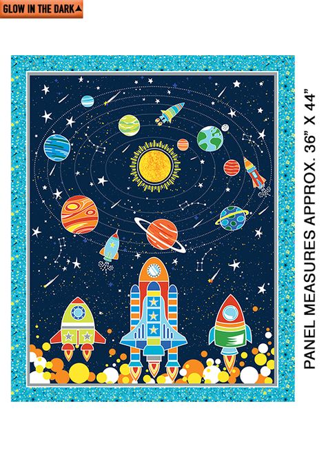 How cool is this: a fun outer space collection that actually glows in the dark! Imagine the fun your children will have with these out-of-this-world fabrics! The collection includes everything you will need to make a fun room: a space panel, space rocket, and planet allover: constellation and stars, and so much more! We envision a bed throw, bed skirt, pillows, and curtains—all of which will glow in the dark when the lights are turned off. Bedsheet Painting, Space Baby Quilt, Outer Space Quilt, Free Motion Embroidery Designs, Prairie Quilt, Space Theme Classroom, Quilting Panels, Quilt Ideas Patterns, Grandkids Room