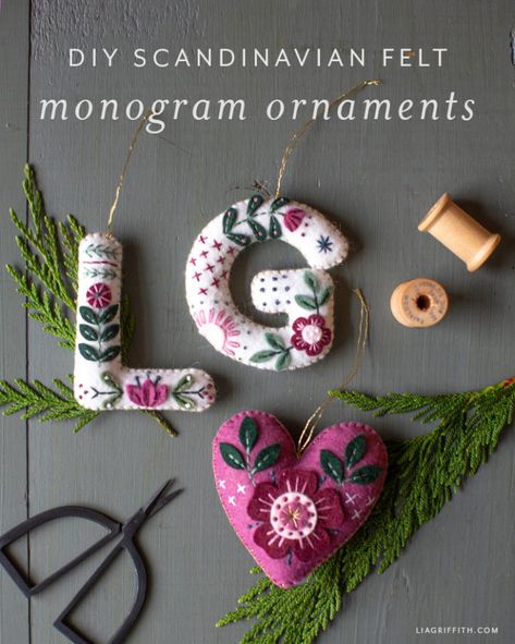 Homemade Letter Ornaments, Alphabet Ornaments Diy, How To Make Felt Letters, Felt Embroidery Letters, Alphabet Christmas Ornaments, Initial Felt Ornaments, Felt Monogram Ornament, Diy Letter Ornaments, Felt Letter Ornaments Diy