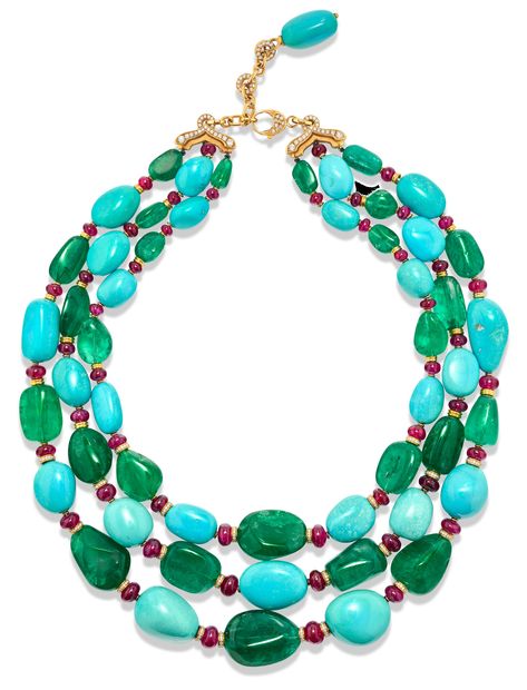 Three rows of tumbled emerald and turquoise beads, ruby beads, round diamonds, 18k yellow gold, 53.0 cm Ruby And Diamond Necklace, Bvlgari Jewelry, Stone Necklaces, Beaded Necklace Designs, Silver Jewellery Indian, Fine Jewelery, Ruby Beads, Antique Gold Jewelry, Turquoise Bead Necklaces