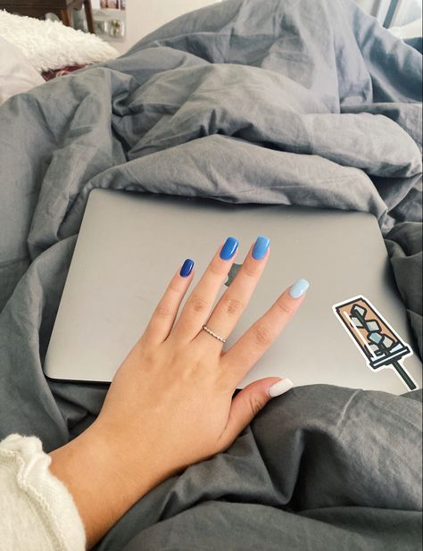 Different Color Blues On Nails, Blue Nails Multiple Colors, Blue Tone Nails, Multicolor Blue Nails, 2 Tone Nails, Blue Nails For Summer, Shades Of Blue Nails, Blue Summer Nails, Nail Color Combinations