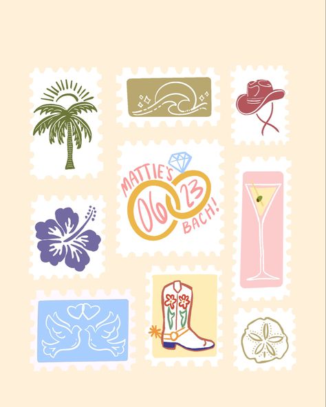 Bachelorette Illustration Art, Bachelorette Logo Ideas, Bachelorette Logo Design, Bachelorette Stickers, Bachelorette Logo, Bachelorette Party Stickers, Beach Graphics, Trip Design, Bachelorette Itinerary