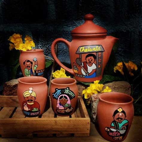 Terracotta Tea Set with Chai themed Kulhads Budget Home Decor, Embroidery Tattoo, Rajasthani Art, Abstract Tree Painting, Spoon Crafts, Pot Design, Painted Pots Diy, Diy Glass Bottle Crafts, Jar Art