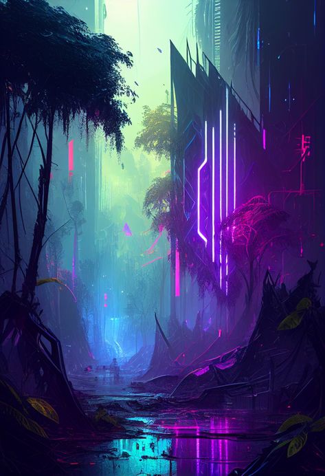 Conceptual Architecture, Forest Art, Beautiful Landscape Wallpaper, Dreamy Art, Night City, Landscape Wallpaper, Beautiful Landscapes, Cyberpunk, Art Projects