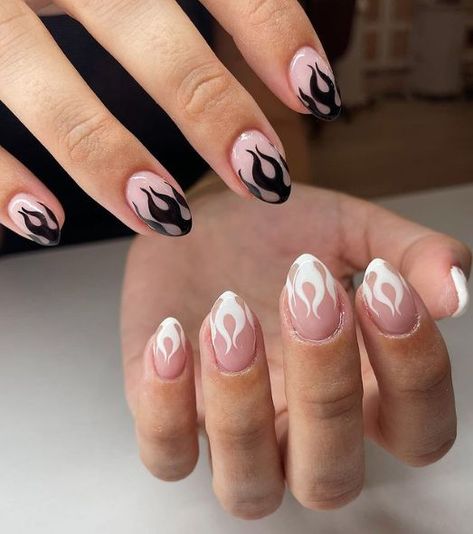 Almond Round Nails Designs, Round Flame Nails, Flame Nails Acrylic Short, Short Almond Flame Nails, Short Nails Flame Design, Short Nail Designs Flames, Short Nails With Flames, Short Acrylic Nails Flames, Short Sharp Nails Design