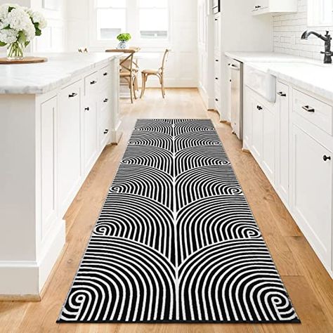 Black And White Kitchen Runner Rug, Black And White Kitchen Rug, Long Hallway Runners Ideas, Black And White Runner Rug, Black And White Laundry Room, Carpet Runners For Hallways, Long Hallway Rug, Large Laundry Room, White Library