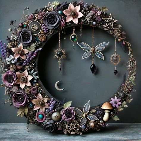 Moon Wreath With Crystals, Crescent Moon Wreath Diy, Moon Wreath Diy, Wreath With Crystals, Witchy Wreaths, Macrame Wreaths, Moon Wreaths, Diy Forest, Crescent Moon Wreath